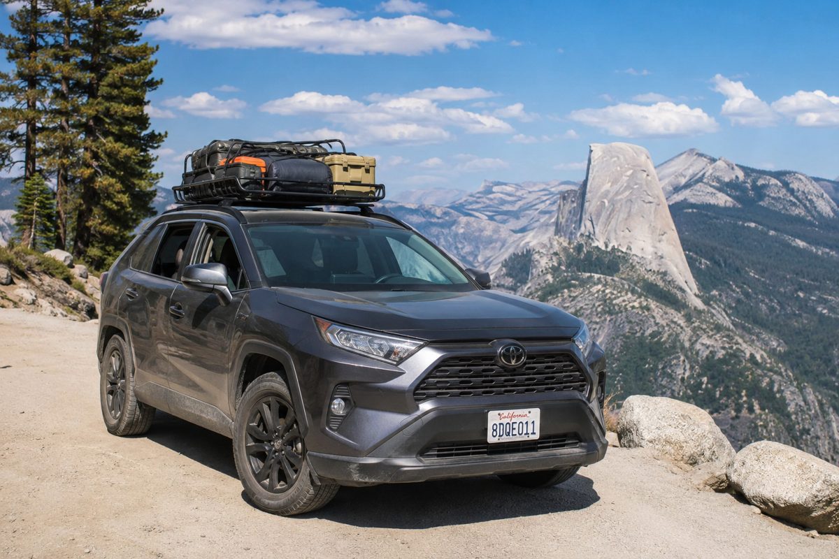 SUV loaded with camping gear on a roof rack overlooking mountains