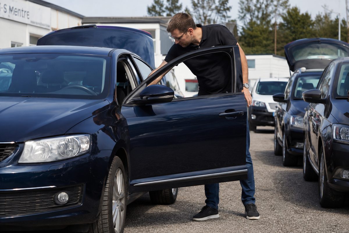 Buyer inspecting a used car door and frame before purchase
